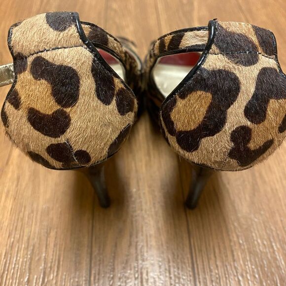 Y2K GUESS Pony Hair Leopard Print Red Patent Leather Peep Toe Heels Size 8 - Picture 4 of 11
